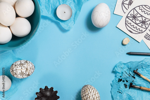 Easter eggs decorated with beeswax dyeing technique