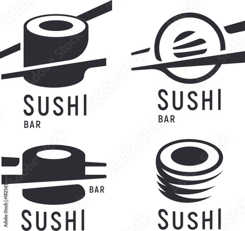 Sushi and roll with chopsticks on white background, black vector logo template. Monochrome japanese cuisine icons set.