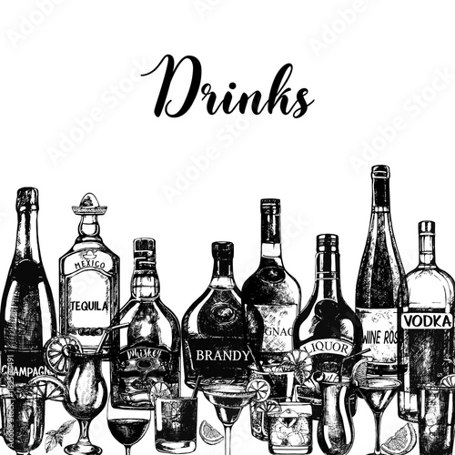 Hand drawn sketch style alcoholic drinks and bottles. Vector illustration.