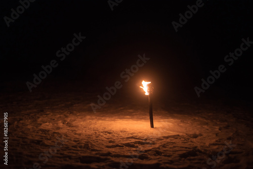 burning torch lights up the winter night fire alone dark lonely background nature mystical wallpaper