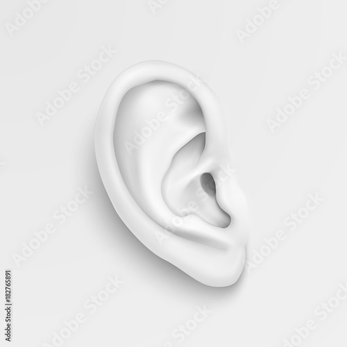 Vector black and white background with realistic human ear closeup. Design template of body part, human organ for web, app, posters, infographics etc