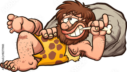 Cartoon caveman resting after a meal. Vector clip art illustration with simple gradients. Caveman and rock on separate layers.