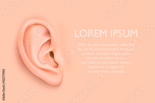 Vector background with realistic human ear closeup. Design template of body part, human organ for web, app, posters, infographics etc