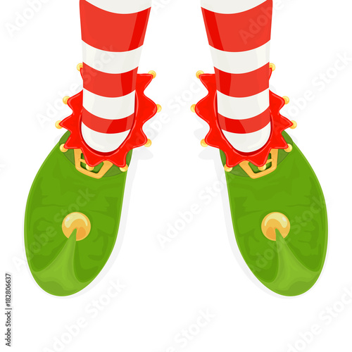 Legs of Christmas elf in green shoes