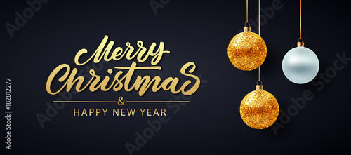 Golden Christmas balls on dark background. Vector illustration