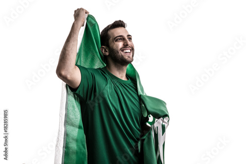 Saudi Arabia fan celebrating on white background