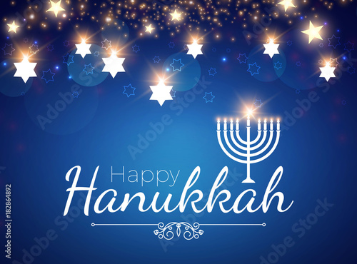 Happy Hanukkah Shining Background with Menorah, David Star and Bokeh Effect. Vector illustration