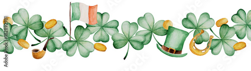 Watercolor Saint Patrick's Day banner. Clover ornament. For design, print or background