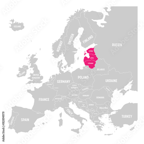 Baltic states Estonia, Latvia and Lithuania pink highlighted in the political map of Europe. Vector illustration.