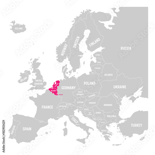 Benelux states Belgium, Netherlands and Luxembourg pink highlighted in the political map of Europe. Vector illustration.