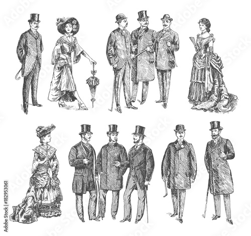 ladies and gentlemen. Man and woman figure collection. Vintage Hand Drawn big set. Group of people of the Victorian era. Fashion and clothes. Retro Illustration in ancient engraving style