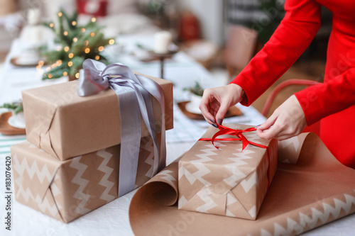 Packing of the christmas presents on a white background