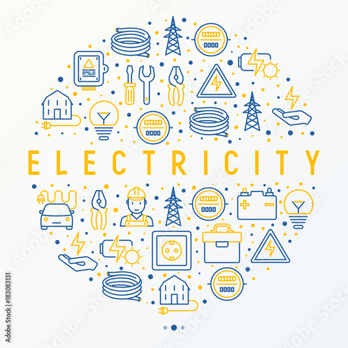 Electricity concept in circle with thin line icons: electrician, bulb, pylon, toolbox, cable, electric car, hand, solar battery. Vector illustration for banner, web page, print media.