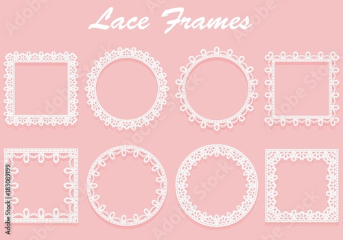 Set of white lace frames of different shapes. Openwork vintage elements isolated on a pink background.