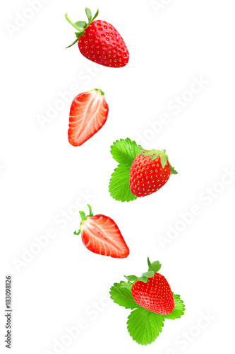 Falling strawberry on white background
