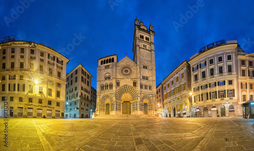Cathedral of Genoa at dusk. Panoramic view from Piazza San Lorenzo square in Genoa, Liguria, Italy