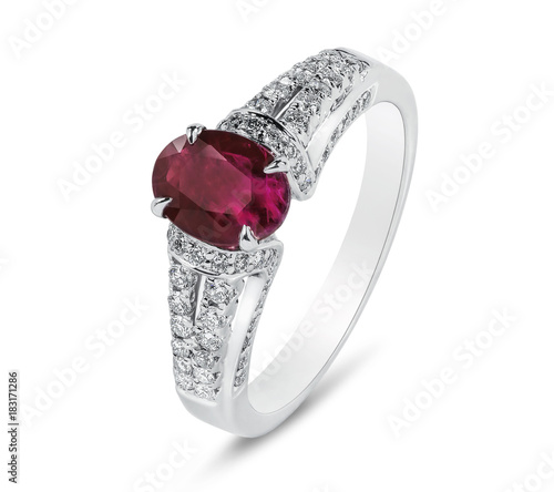 Diamond ring. Diamond ring with ruby isolated on white background. Ring with diamonds and ruby.