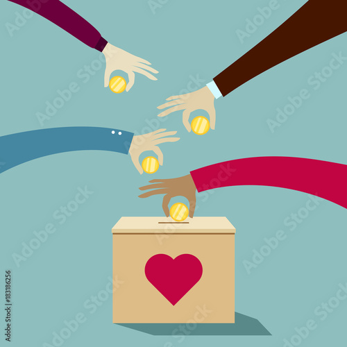 Hands putting coins into donation box: Donate money charity concept