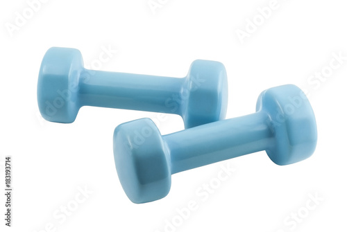 pair of light blue dumbbells for fitness isolated