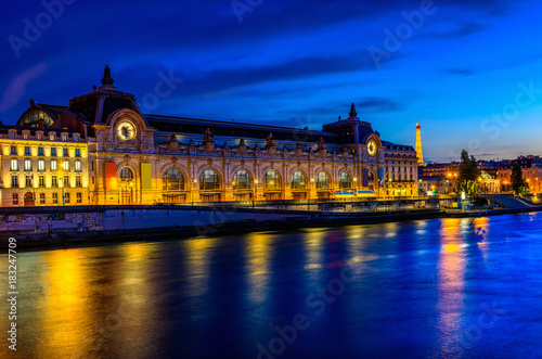 Night view of Orsay Museum (Musee d'Orsay) in Paris, France