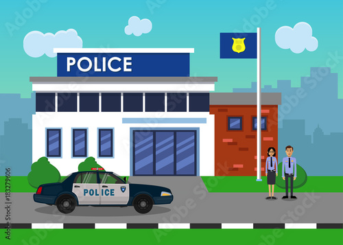 The police car opposite the of the police station. Vector illustration.