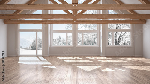 Empty room in luxury eco house, parquet floor and wooden roof trusses, panoramic window on winter meadow, modern white architecture interior design