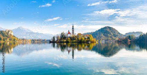 Lake Bled Slovenia. Beautiful mountain lake with small Pilgrimage Church.