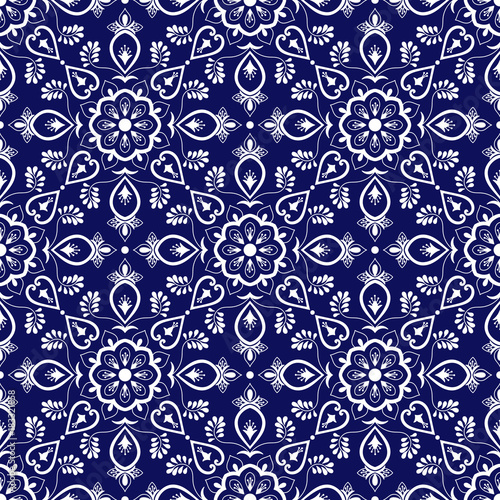 Italian tile pattern vector with blue and white ornaments. Portuguese azulejo, mexican talavera, spanish majolica or delft dutch motifs. Tiled ceramic texture for kitchen wall or bathroom flooring.