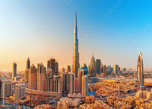 DUBAI ,UNITED ARAB EMIRATES-FEBRUARY 18, 2017: Beautiful Dubai downtown at the sunset,Dubai,United Arab Emirates