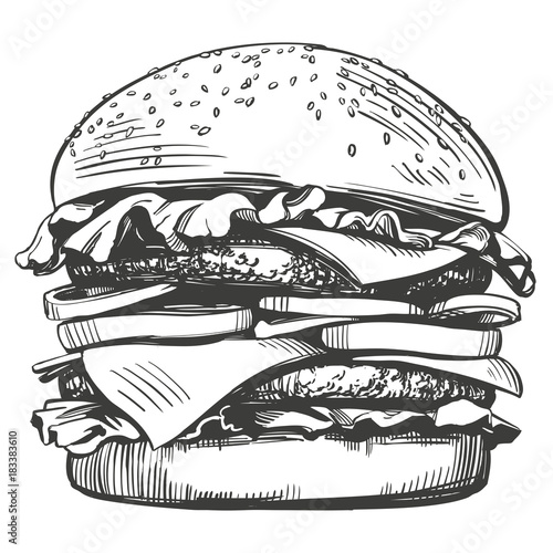 big burger, hamburger hand drawn vector illustration sketch retro style