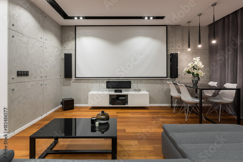 Home interior with projector screen