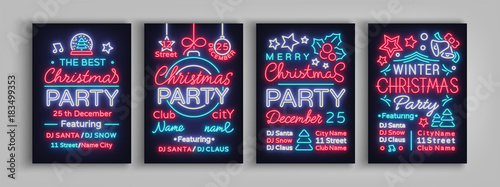 Christmas party collection of invitation templates, brochures, posters. Merry Christmas, set of holiday cards in neon style. Postcard, flyer bright sacred banner advertising for your holiday projects