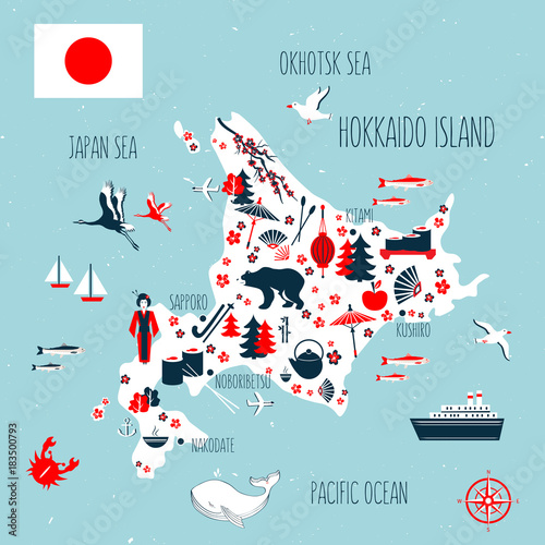 Japan cartoon travel map vector illustration, Hokkaido island, japanese symbols blossom sakura, cranes, decorative umbrella, kimono, traditional food sushi, bamboo, flag for design tourism advertising