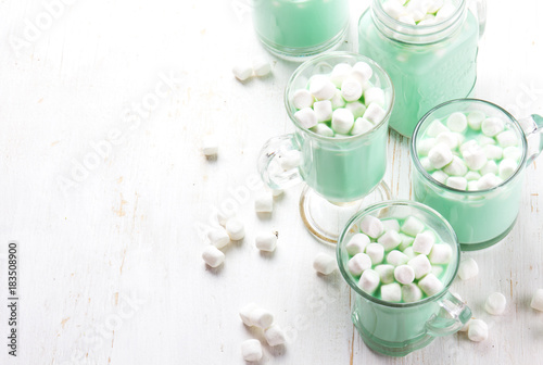 Hot white mint chocolate with marshmallows, white background. Holidey drink