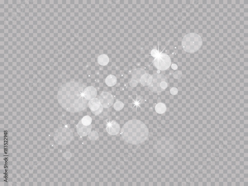 Abstract light blur bokeh effect on white transparent background. Vector lens flare light sparkles or shiny glittering glow stars for modern trendy design template