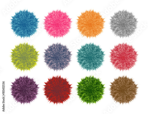 Colorful fluffy pompom set isolated on white background. Vector set
