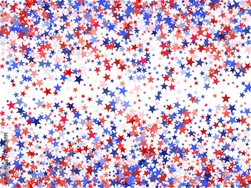 Colors of USA flag background, blue and red stars falling. American President Day background for card, banner, poster or flyer. Holiday star dust pattern in red, white, blue. USA symbols confetti.