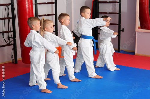 Małe dzieci ćwiczące karate w dojo
