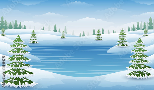 Winter landscape with frozen lake and fir trees