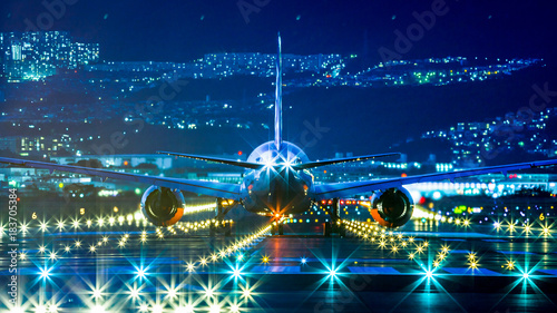滑走路と飛行機,夜景