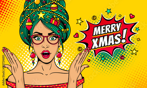 Wow pop art Christmas face. Sexy surprised woman in glasses with open mouth, New Year tree on head rises her hands . Vector bright illustration in retro comic style. New Year party invitation poster.