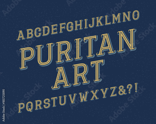 Puritan Art typeface. Retro font. Isolated english alphabet.