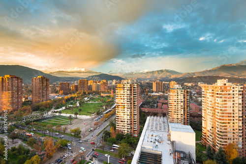 Skyline of buildings around Juan Pablo II park at a wealthy neighborhood in Las Condes district, Santiago de Chile