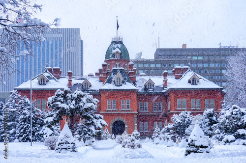 View of the Former Hokkaido Government Office in Sapporo, Hokkaido, Japan. Traveler take a photo at the Former Hokkaido Government Office in Sapporo, Hokkaido, Japan in winter