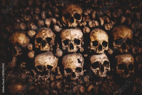 skulls and bones in Paris Catacombs