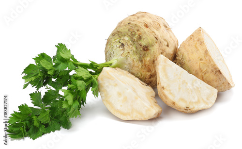 celery root with leaf isolated on white background. Celery isolated on white. Healthy food