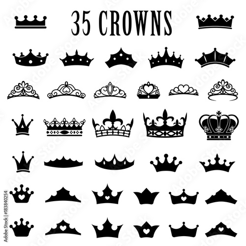 Crown icons. Princess crown. King crowns. Icon set. Antique crowns. Vector illustration. Flat style.