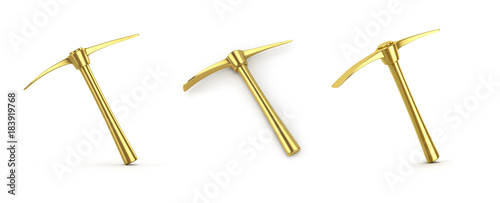 Golden pickaxe on white background. 3D illustration