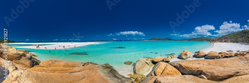WHITSUNDAYS, AUS - SEPT 22 2017: Panorama of Whitehaven Beach in the Whitsunday Islands, Queensland, Australia