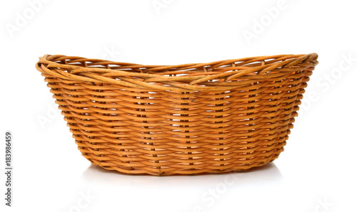 Empty wooden fruit or bread basket on white background